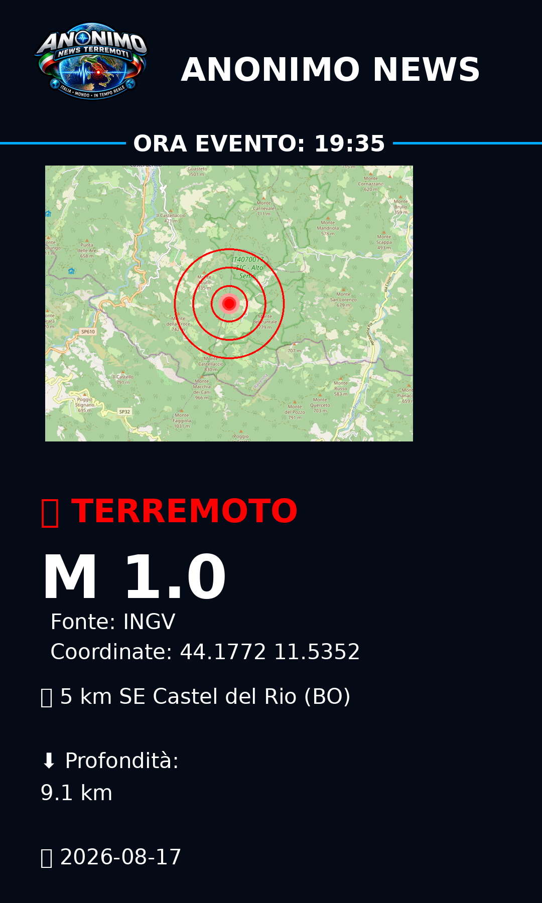 Ultimo terremoto rilevato